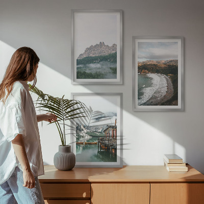 Set of 3 framed wall art pieces Mountain beaches wooden house