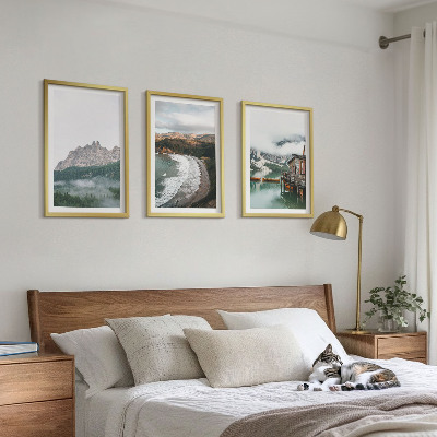 Set of 3 framed wall art pieces Mountain beaches wooden house