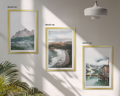Set of 3 framed wall art pieces Mountain beaches wooden house