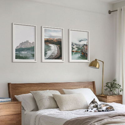 Set of 3 framed wall art pieces Mountain beaches wooden house
