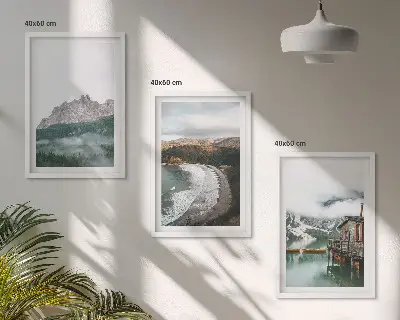 Set of 3 framed wall art pieces Mountain beaches wooden house