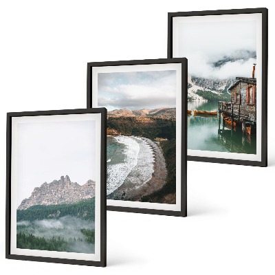 Set of 3 framed wall art pieces Mountain beaches wooden house