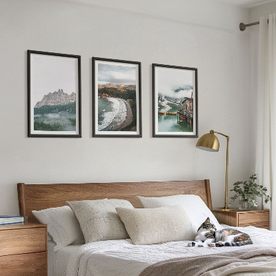 Set of 3 framed wall art pieces Mountain beaches wooden house