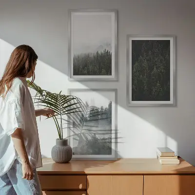 Wall art set featuring a foggy green forest nature scene
