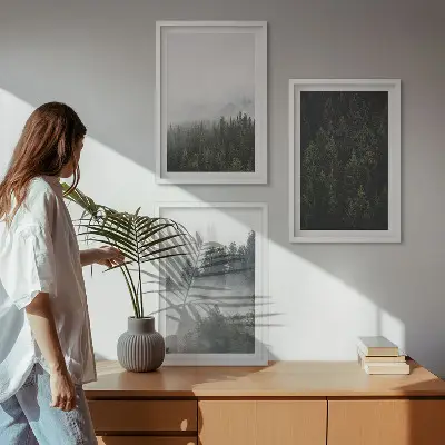 Wall art set featuring a foggy green forest nature scene
