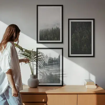 Wall art set featuring a foggy green forest nature scene