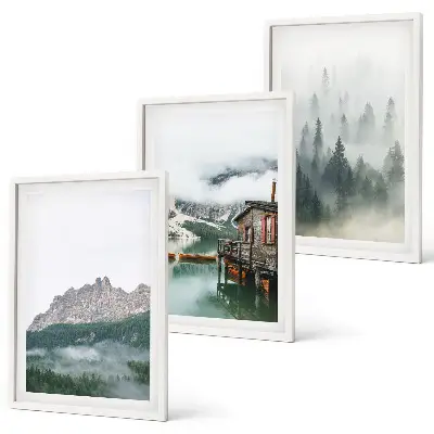 Set of 3 framed wall art pieces featuring mountains, a lake, a cottage, and fog