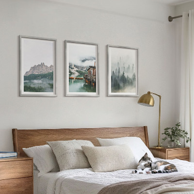 Set of 3 framed wall art pieces Mountains, lake, cottage, fog