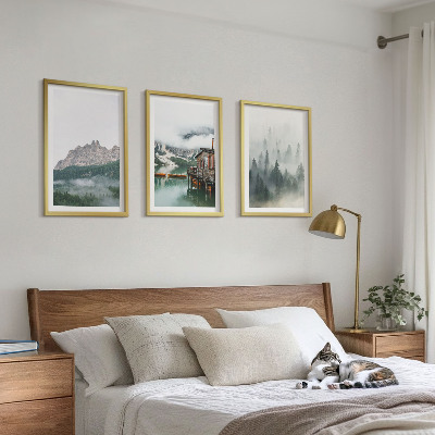 Set of 3 framed wall art pieces Mountains, lake, cottage, fog