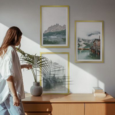 Set of 3 framed wall art pieces Mountains, lake, cottage, fog