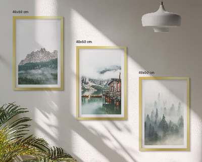Set of 3 framed wall art pieces Mountains, lake, cottage, fog