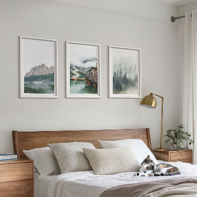 Set of 3 framed wall art pieces Mountains, lake, cottage, fog