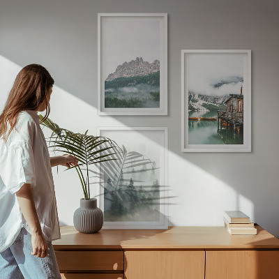Set of 3 framed wall art pieces Mountains, lake, cottage, fog