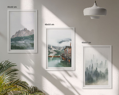 Set of 3 framed wall art pieces Mountains, lake, cottage, fog