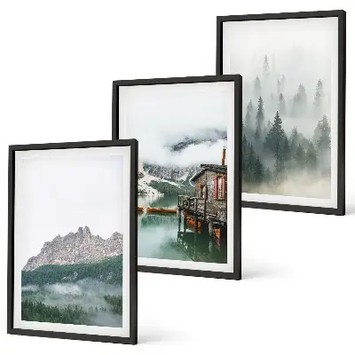 Set of 3 framed wall art pieces featuring mountains, a lake, a cottage, and fog