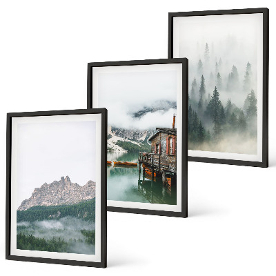 Set of 3 framed wall art pieces Mountains, lake, cottage, fog
