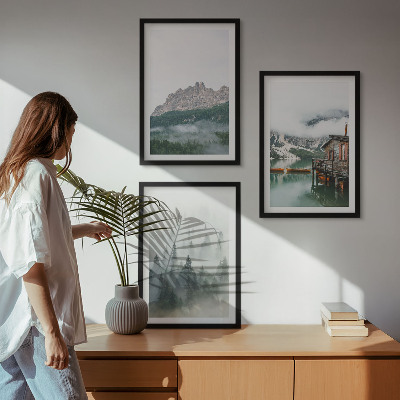 Set of 3 framed wall art pieces Mountains, lake, cottage, fog