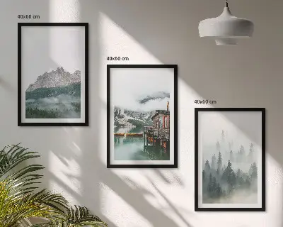 Set of 3 framed wall art pieces featuring mountains, a lake, a cottage, and fog