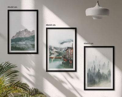 Set of 3 framed wall art pieces Mountains, lake, cottage, fog