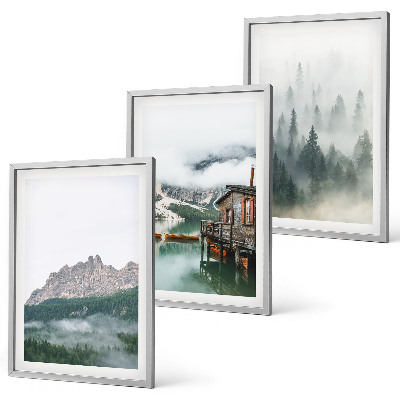 Set of 3 framed wall art pieces Mountains, lake, cottage, fog