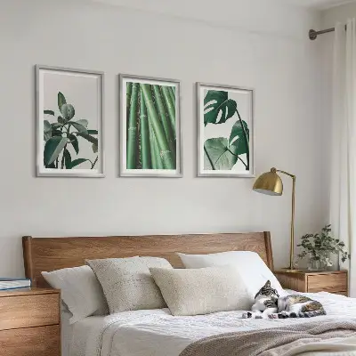 Bamboo Stems and Monstera Leaves Wall Art Set set of 3 framed pieces