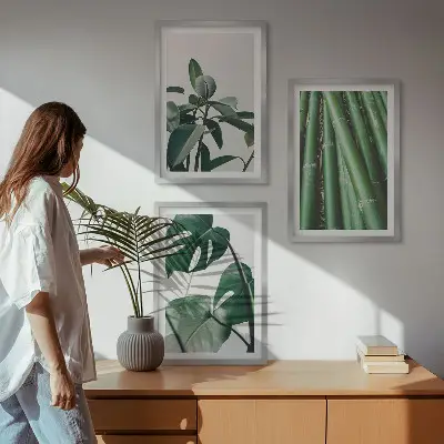 Bamboo Stems and Monstera Leaves Wall Art Set set of 3 framed pieces