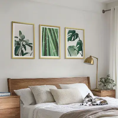 Bamboo Stems and Monstera Leaves Wall Art Set set of 3 framed pieces