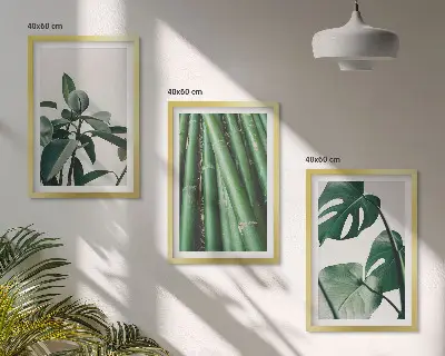 Bamboo Stems and Monstera Leaves Wall Art Set set of 3 framed pieces