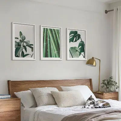Bamboo Stems and Monstera Leaves Wall Art Set set of 3 framed pieces