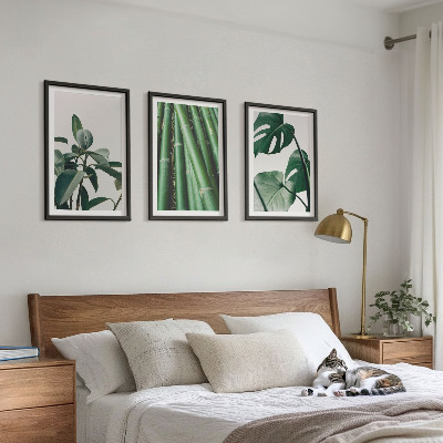 Set of 3 framed wall art pieces Bamboo stems and monstera leaves