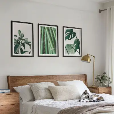 Bamboo Stems and Monstera Leaves Wall Art Set set of 3 framed pieces