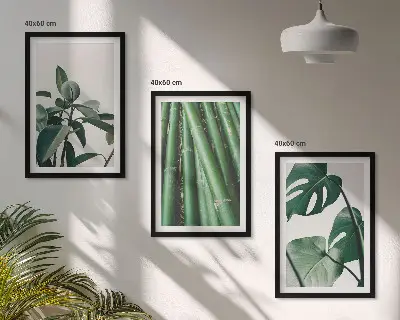Bamboo Stems and Monstera Leaves Wall Art Set set of 3 framed pieces