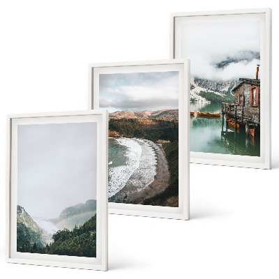 Set of 3 framed wall art pieces Mountains, beach, clouds, water