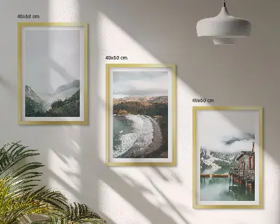 Set of 3 framed wall art pieces featuring mountains, beach, clouds, and water
