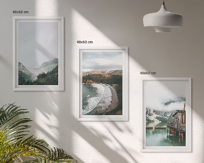 Set of 3 framed wall art pieces Mountains, beach, clouds, water