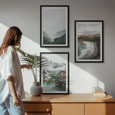 Set of 3 framed wall art pieces featuring mountains, beach, clouds, and water
