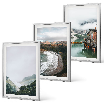 Set of 3 framed wall art pieces Mountains, beach, clouds, water