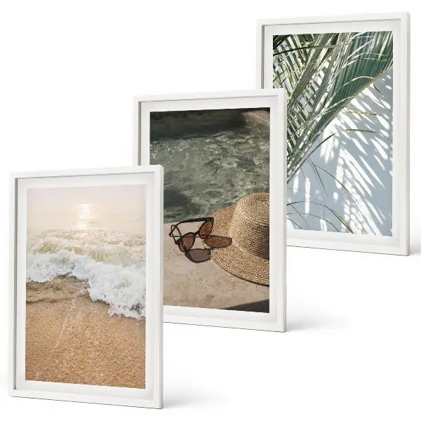 Wall art set featuring water, beach, a hat, and sunglasses
