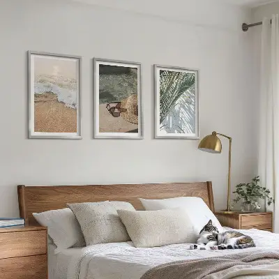 Wall art set featuring water, beach, a hat, and sunglasses