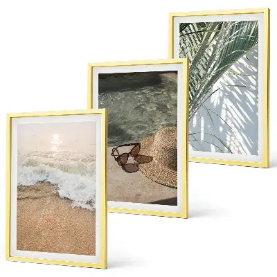 Wall art set featuring water, beach, a hat, and sunglasses