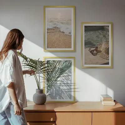 Wall art set featuring water, beach, a hat, and sunglasses