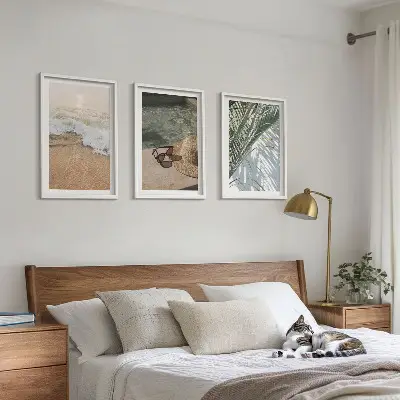 Wall art set featuring water, beach, a hat, and sunglasses