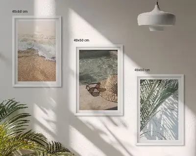 Wall art set featuring water, beach, a hat, and sunglasses
