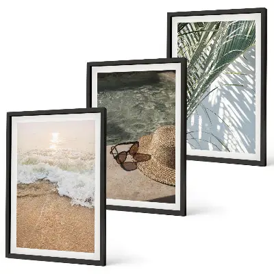 Wall art set featuring water, beach, a hat, and sunglasses