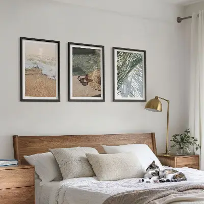Wall art set featuring water, beach, a hat, and sunglasses