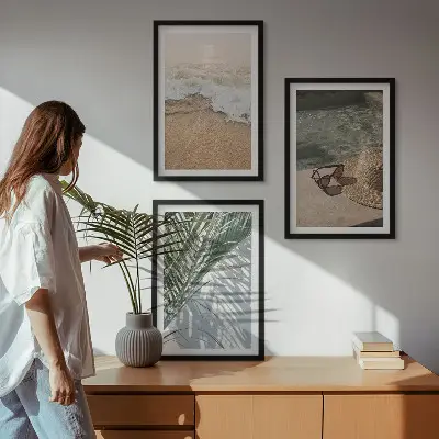 Wall art set featuring water, beach, a hat, and sunglasses