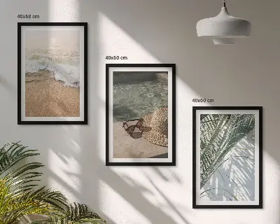 Wall art set featuring water, beach, a hat, and sunglasses
