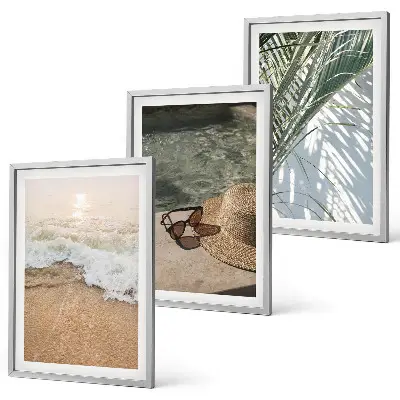 Wall art set featuring water, beach, a hat, and sunglasses