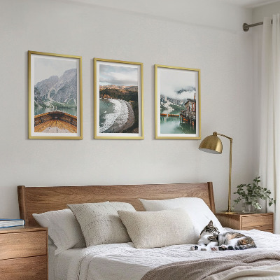 Three-piece wall art piece Mountains, lake, boat, beach, landscape