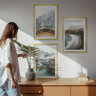 Three-piece wall art piece Mountains, lake, boat, beach, landscape